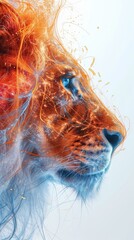Abstract illustration of a powerful lion's head in profile. Vertical digital art of a wild animal made of glowing orange and blue energy lines. Futuristic creative concept