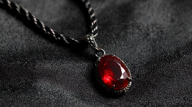 Ruby Pendant on Black Velvet: A ruby pendant displayed on smooth, black velvet fabric.