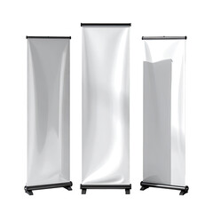 Blank white banners stand, clean presentation on black background