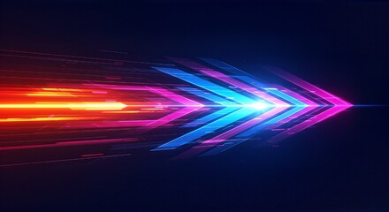 Dynamic abstract glowing arrow streaks of vibrant light in neon pink, blue, and orange propel forward on a dark background, symbolizing speed and innovation.