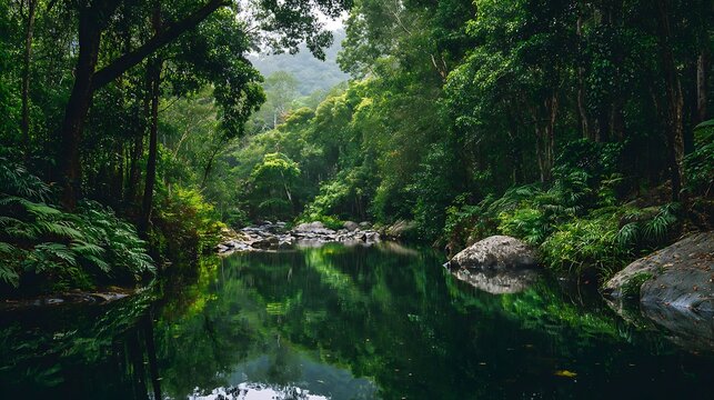 Serene lush green forest with calm reflective water tropical nature relaxation zen peaceful landscape eco travel wellness retreat.