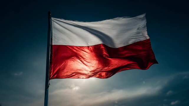 polish flag poland polska waving in the wind at evening sunset