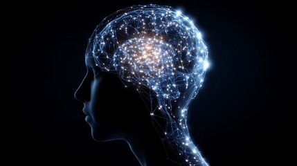 Silhouette of a human head with an illuminated brain and neural network, depicting cognitive activity.