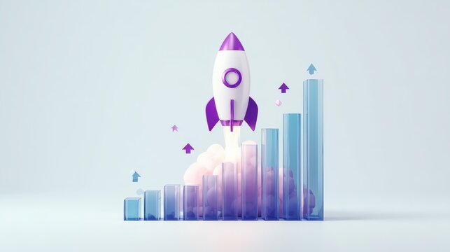 A rocket ship launches, symbolizing growth and progress, ascending above a bar graph, showcasing the dynamism of business and innovation. ..Created with Generative AI, not depicting real subjects.