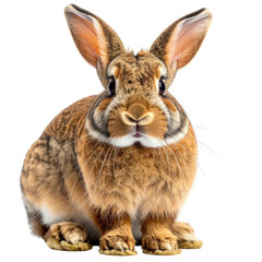 Brown rabbit sits, looking forward. Ears perked up