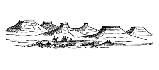 Fototapeta premium Landscape in Gelb el Zergour in the Sahara, old vintage illustration, 1897