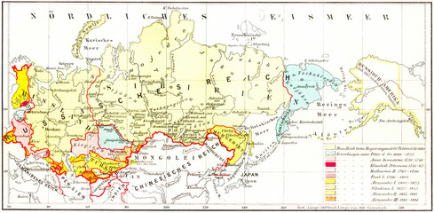 Map of the history of the Russian Empire of the 17th-19th centuries, old vintage illustration, 1897