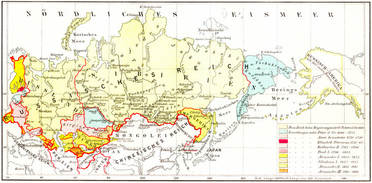 Map of the history of the Russian Empire of the 17th-19th centuries, old vintage illustration, 1897