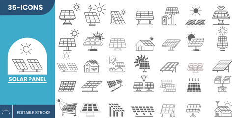 35 Solar Panel Icons for Clean Energy Projects, Renewable Electricity Systems, Eco-Friendly Power Generation, Green Technology Solutions, and Sustainable Innovation Designs.