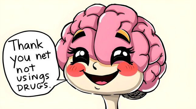 Cartoon Brain Character Thanking for Abstaining from Drugs, Illustration