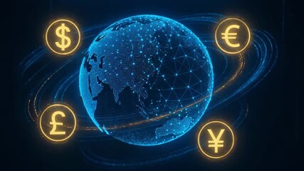 A digital representation of global currencies orbiting a glowing blue planet, symbolizing modern finance and connectivity. - Powered by Adobe