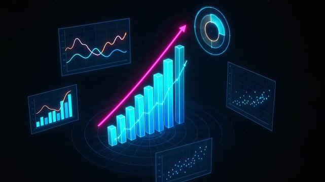Futuristic data visualization showcasing growth trends with colorful digital graphs and charts on a dark background. - Powered by Adobe