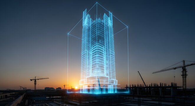 Futuristic Digital Blueprint of Skyscraper Construction Project at Sunset with Cranes
