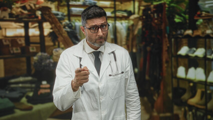 Fototapeta premium Man doctor in white coat pointing finger with stethoscope in a clothing shop building, glasses and tie visible; warning advice.