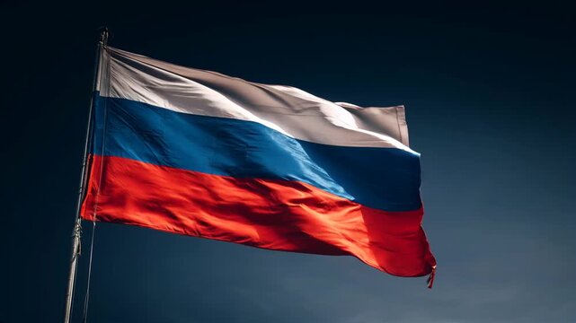 russian flag russia waving in the wind on dark blue background