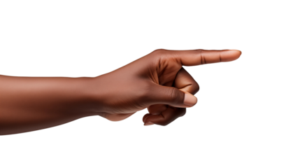Darkskinned hand pointing right, isolated on transparent background symbolizing direction, choice, and guidance, ideal for illustrating concepts or providing visual cues