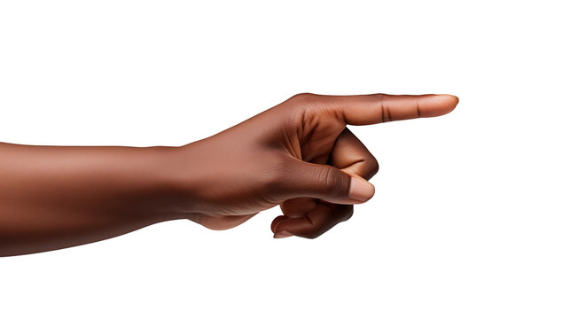 Darkskinned hand pointing right, isolated on transparent background symbolizing direction, choice, and guidance, ideal for illustrating concepts or providing visual cues