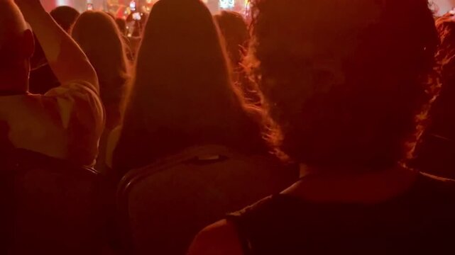 A crowd of people at a concert with vibrant red lighting. The scene captures the excitement and energy of a live music event.