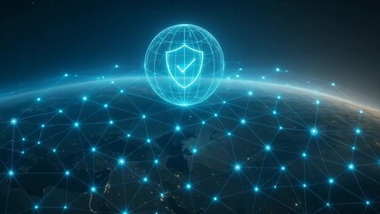 A futuristic digital globe showcasing interconnected networks and a shield symbol, representing global cybersecurity solutions. - Powered by Adobe