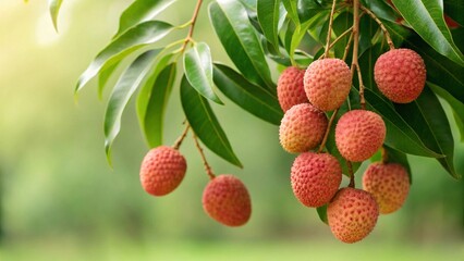 Luscious lychee fruits hanging from lush green branches, perfect for healthy eating promotions and tropical lifestyle content needs