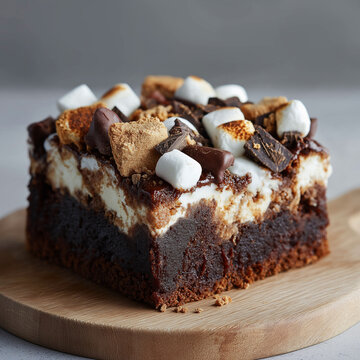 square brownie filled with mini marshmallows, chcolate chunks and graham craker pieces

