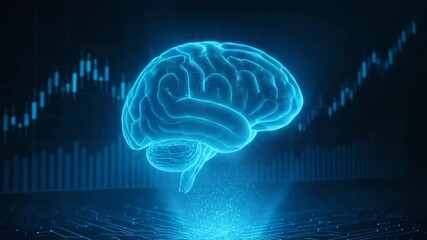 A glowing blue human brain symbolizing advanced technology and artificial intelligence, set against a dynamic background of data graphs. - Powered by Adobe