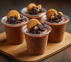 small plastic cups with chocolate mousse pudding, decorated with broken cookies on top of the lid of each cup. The scene takes place at home on a wooden table.