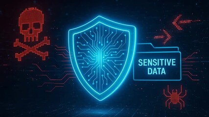 A digital shield icon representing data security with signs of cyber threats in a modern and sleek design.