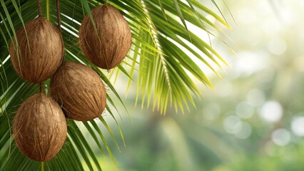Capture the essence of the tropics with fresh coconuts hanging from palm leaves in this stunning, vibrant island paradise setting