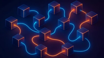 Futuristic blockchain technology design with connected glowing boxes in orange and blue against a dark background.