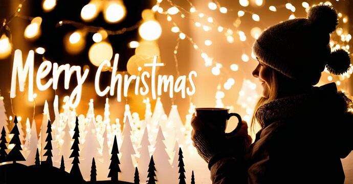 Woman enjoys warm drink amidst festive lights, trees. Holiday season brings cozy vibes, peaceful moments.