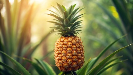 Obraz premium Ripe pineapple basking in tropical sunlight ready for delicious summer recipes and healthy eating, perfect for vacation promotions