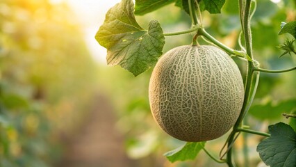 Juicy cantaloupe growing in the garden, a sweet and refreshing treat, perfect for summer recipes and healthy eating promotions