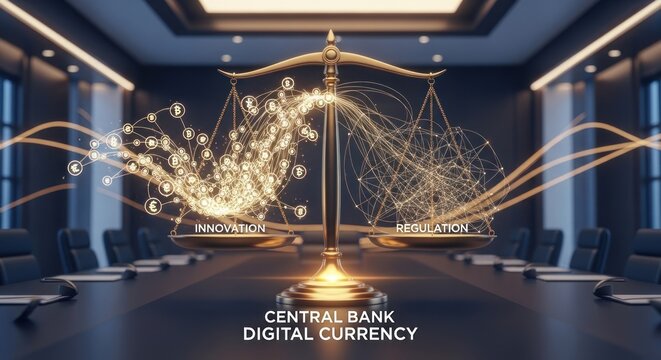 Central Bank Digital Currency Concept - Scales of Justice with Digital Connections.
