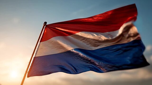 dutch flag netherlands holland waving in the sky at sunset