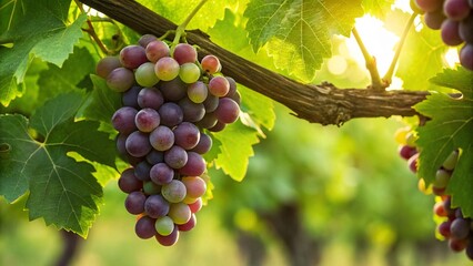 Fototapeta premium Harvest time is near with stunning ripe grapes hanging on the vine in the golden sunlight ready for wine making or a healthy snack