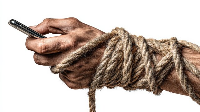 The tightly bound hand grips a phone, with rope coiled around the wrist, symbolizing the chains of modern technology addiction. ..Created with Generative AI, not depicting real subjects.