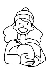 Png woman holding pumpkin doodle, transparent background