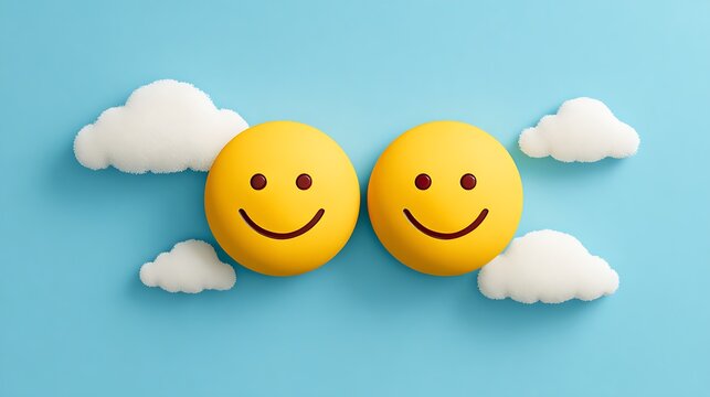 Two smiling face emojis on a blue background with white clouds. - Powered by Adobe