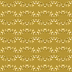 Gold vintage vignettes on a seamless pattern isolated on a beige background. Watercolor template for Christmas, wedding decor, invitations, greeting, textile, tablecloths, table runners, home decor