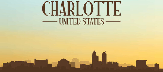 Panoramic poster of the city skyline with misty background buildings, hills sunrise, sunset and clouds of CHARLOTTE, UNITED STATES