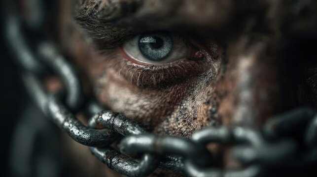 A close-up captures an intense gaze through chains, conveying struggle and resilience. ..Created with Generative AI, not depicting real subjects.