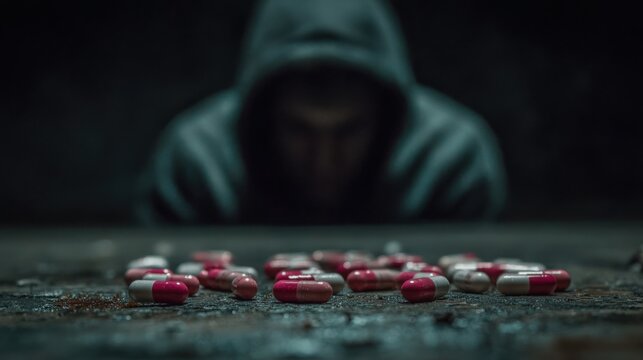 An unsettling close-up captures a person in a hooded sweatshirt contemplating drug pills, set against a dark backdrop. ..Created with Generative AI, not depicting real subjects.
