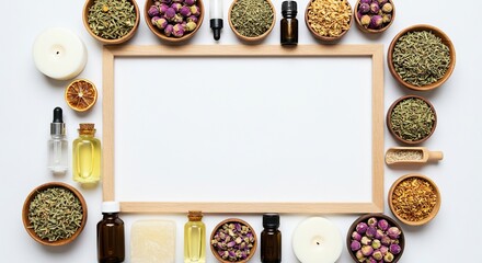 Natural wooden frame border made with aromatherapy spa supplies, essential oils, and dried organic herbs on white background ,plant ,essential oil ,frame