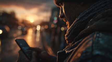 A man using a mobile phone at twilight, the city is dimly lit as the man is focused on his device. ..Created with Generative AI, not depicting real subjects.