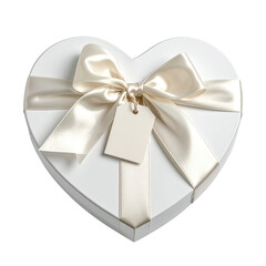 Heart-shaped box with ribbon bow and tag on black background