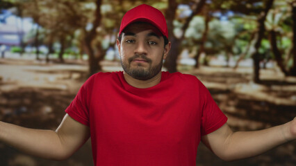 Obraz premium Man shrugs shoulders in sunny green park wearing bright red cap and t shirt with arms outstretched; uncertainty doubt confusion indecision.
