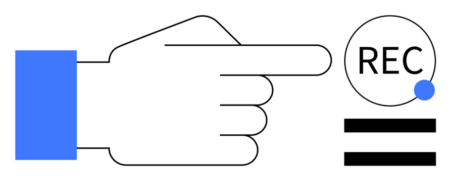 Hand pointing towards recording icon with blue dot and parallel bars. Ideal for recording, action initiation, communication, interaction, guidance, media, technology. Simple flat metaphor