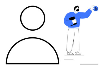 Person holding a document, gesturing toward a user profile icon. Ideal for teamwork, leadership, presentation, organization, account management, onboarding or identity representation. Simple flat