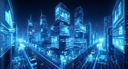 Futuristic Blue Digital Cityscape with Holographic Buildings and Data Streams, Smart City Concept